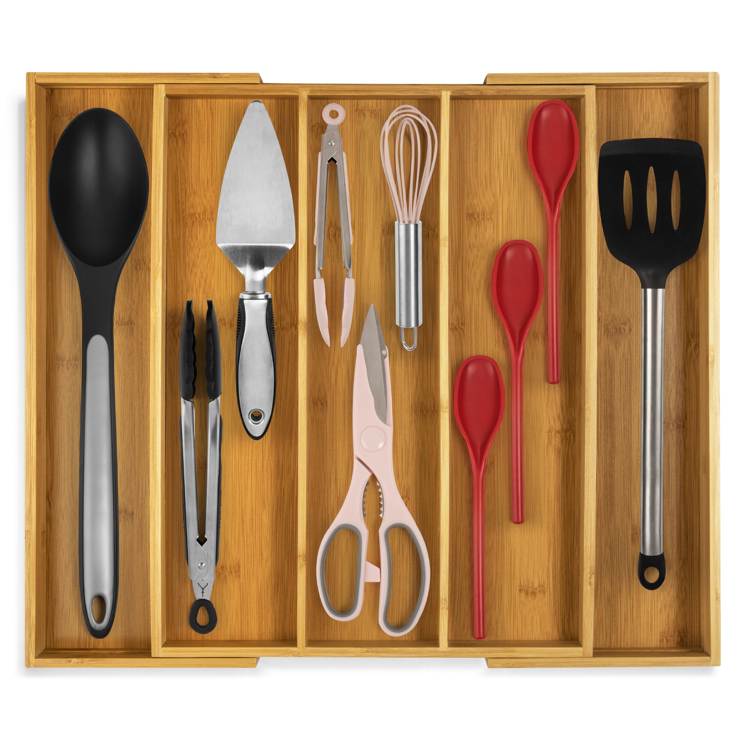 Purawood organizer front view showing clean bamboo finish and tidy compartments benefit
