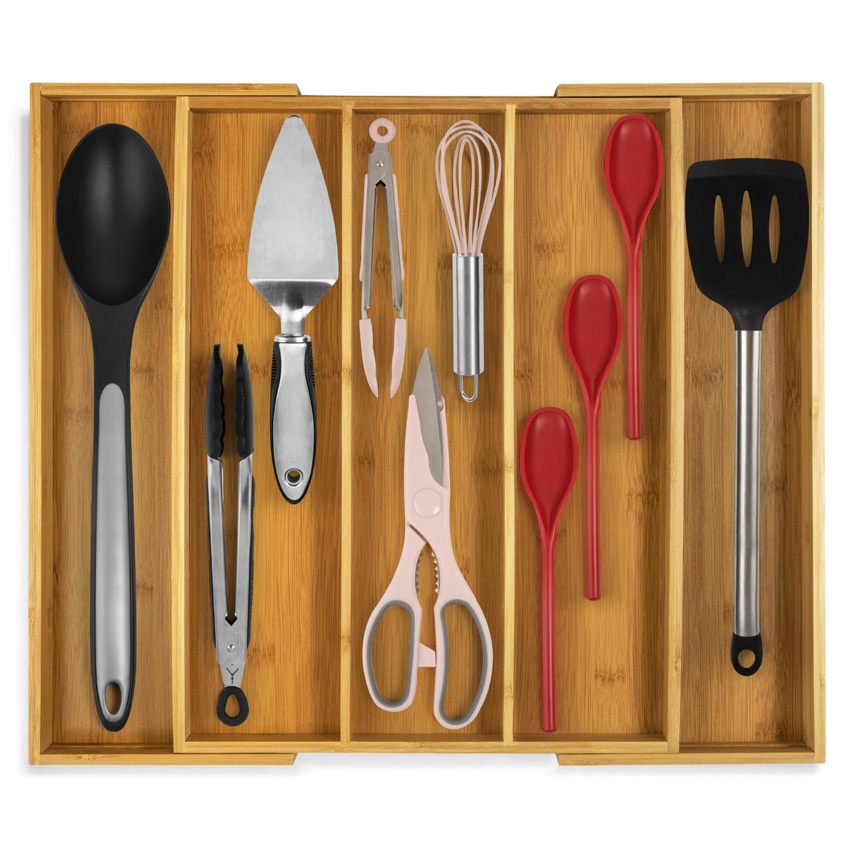 Purawood organizer front view showing clean bamboo finish and tidy compartments benefit