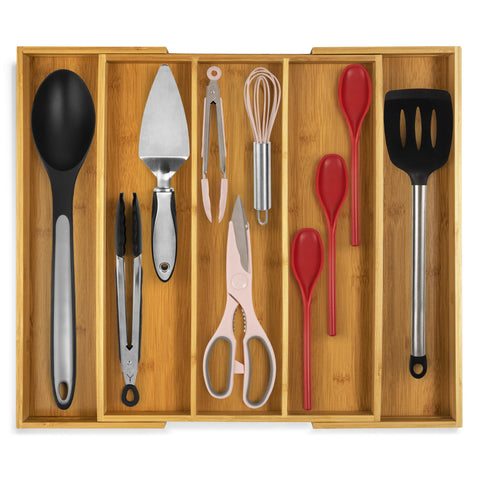 Purawood organizer front view showing clean bamboo finish and tidy compartments benefit