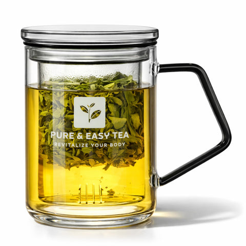 Pure And Easy Tea front view showing clean borosilicate glass and mug shape for pure brewing