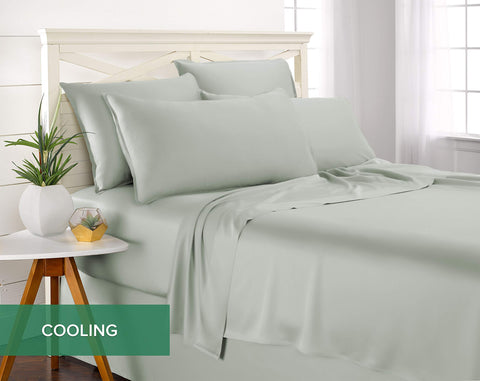 Pure Bamboo styled bedroom with sheets showing calming color and restful ambiance