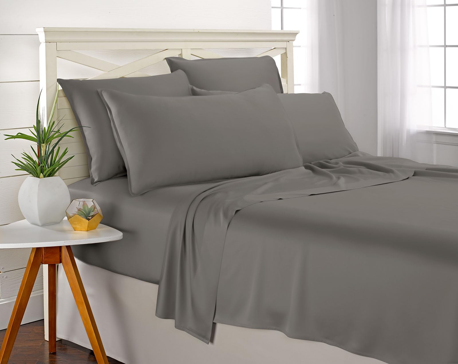 Pure Bamboo lifestyle king bed in graphite illustrating breathable bedding and restful bedroom benefit