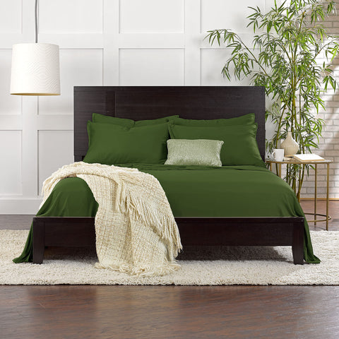 Pure Bamboo styled bedroom with pesto sheets showing restful aesthetic and cooling benefit