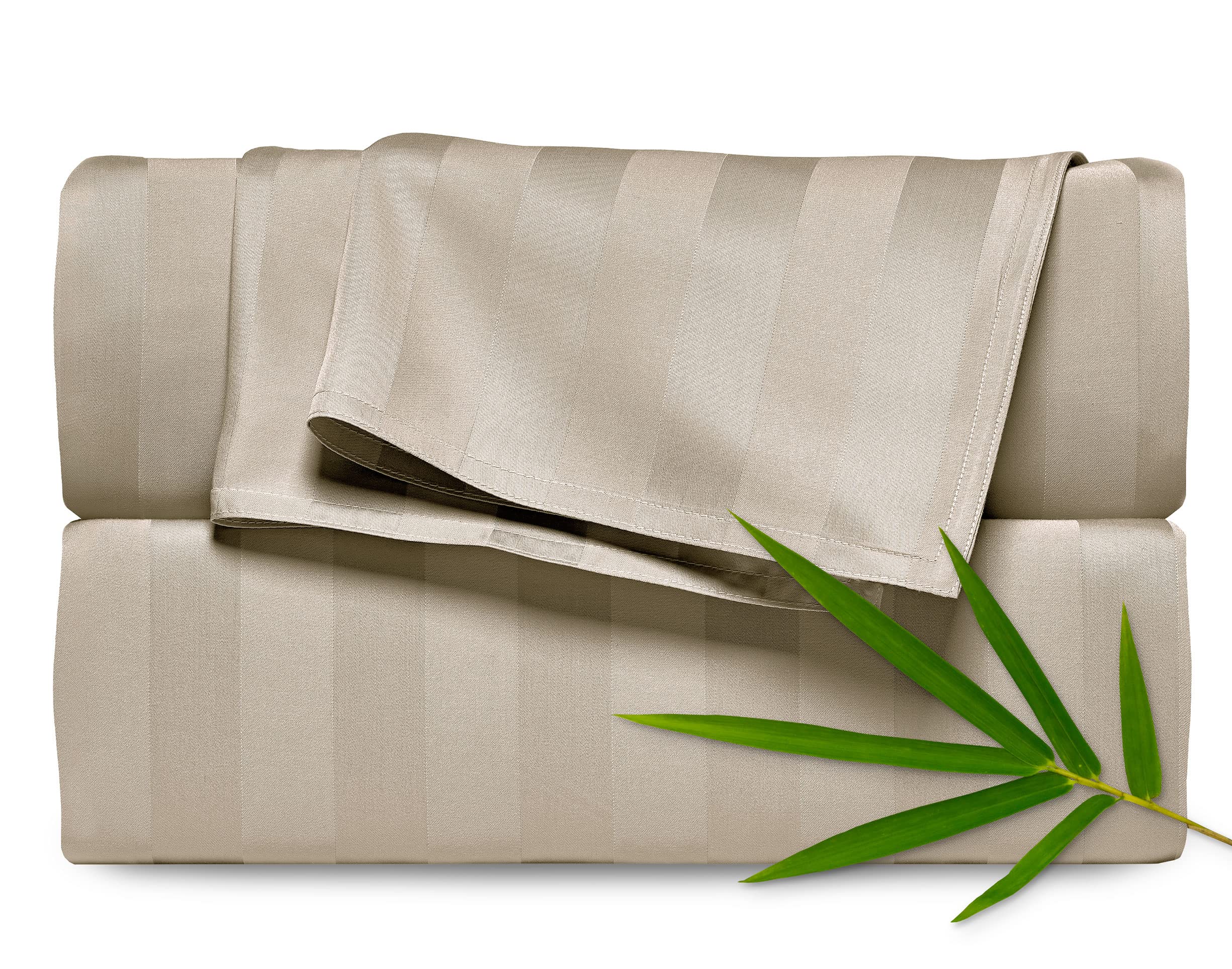 Pure Bamboo king sheets front packaging in jacquard sand showing set contents and quality
