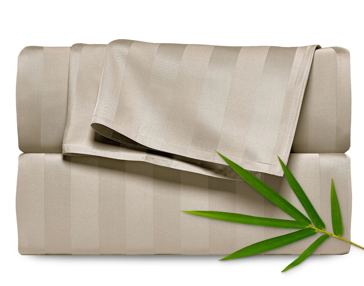 Pure Bamboo king sheets front packaging in jacquard sand showing set contents and quality