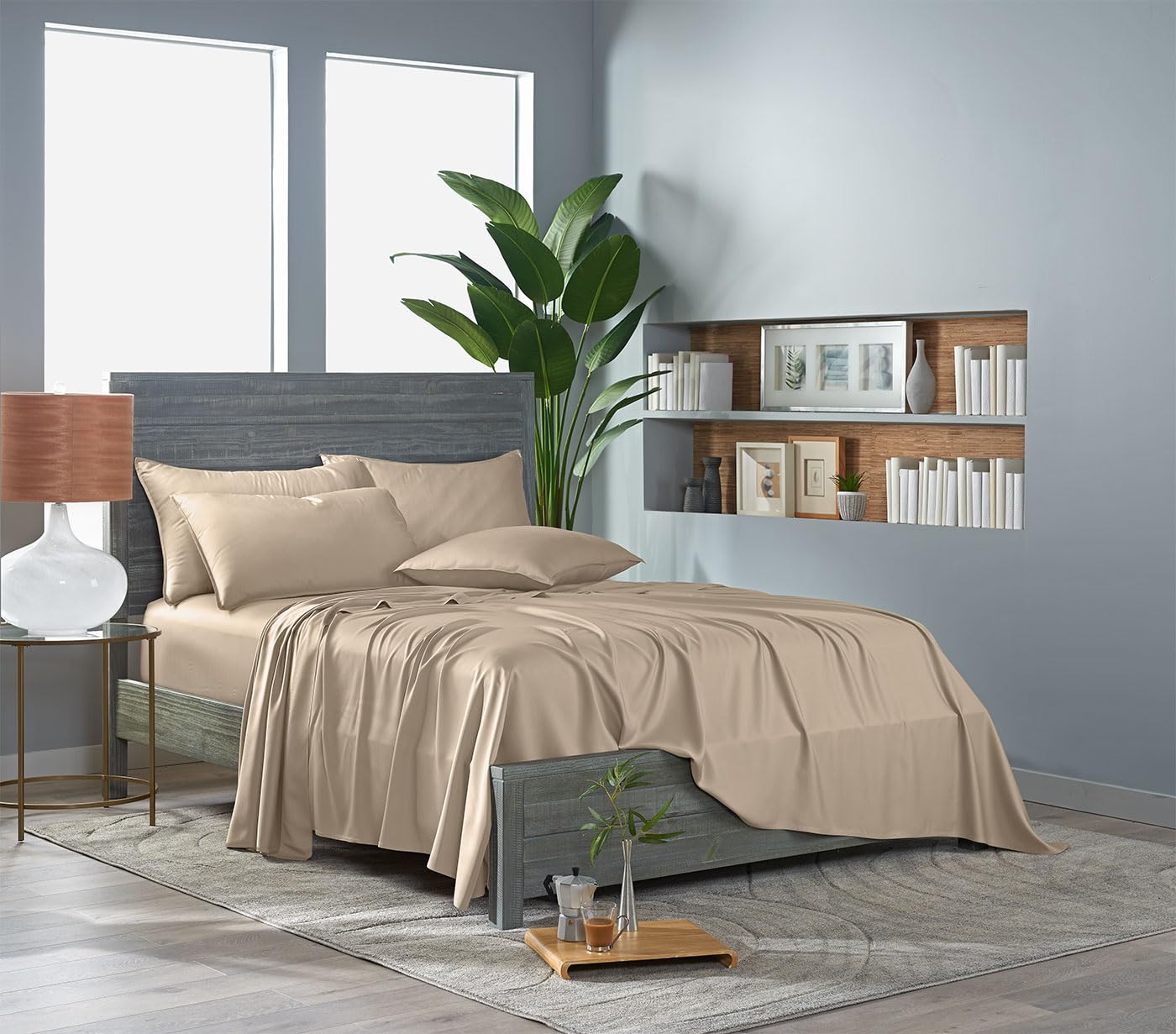 Pure Bamboo sheets on queen mattress in bedroom setting demonstrating secure deep pocket fit