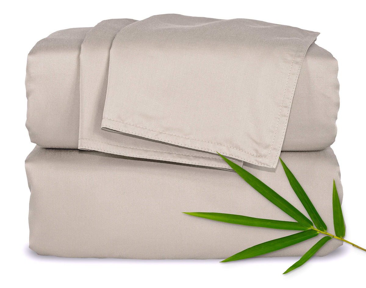 Pure Bamboo front packaging showing queen sand color and set contents for clarity