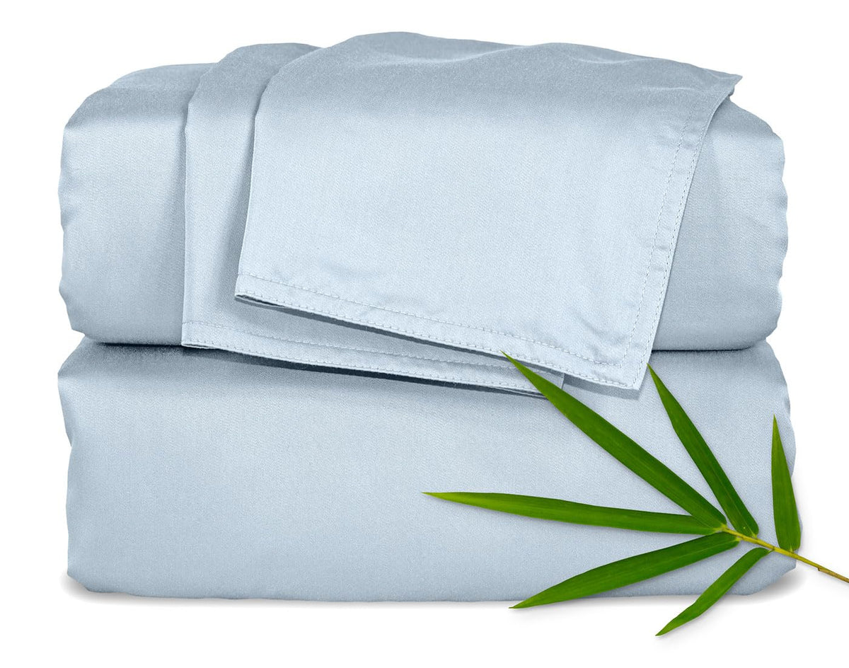 Pure Bamboo front packaging showing Glacier queen set, highlights soft breathable fabric