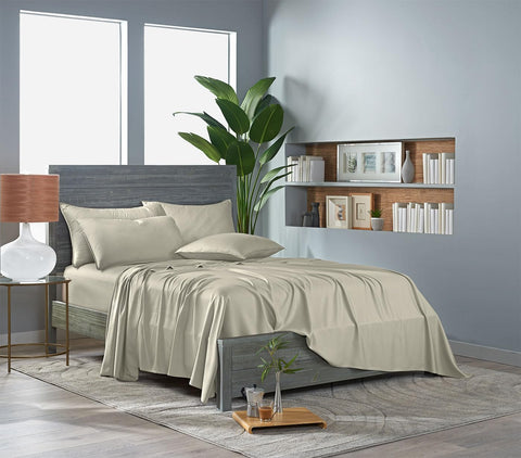 Pure Bamboo fitted sheet on mattress in bedroom scene demonstrating deep-pocket secure fit