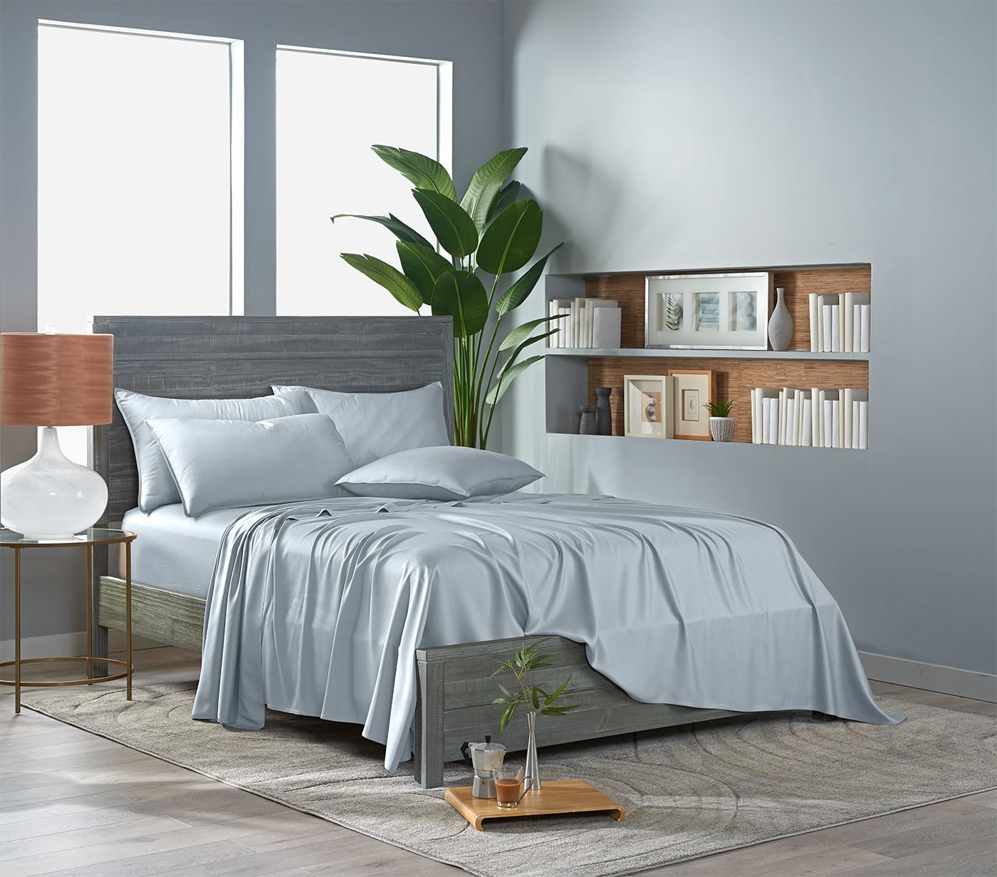 Pure Bamboo sheets styled on made bed, demonstrates cooling comfort and modern look