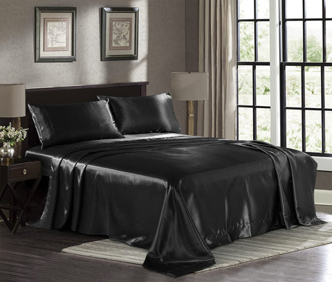 Pure Bedding front packaging view showing folded black satin sheets and benefits