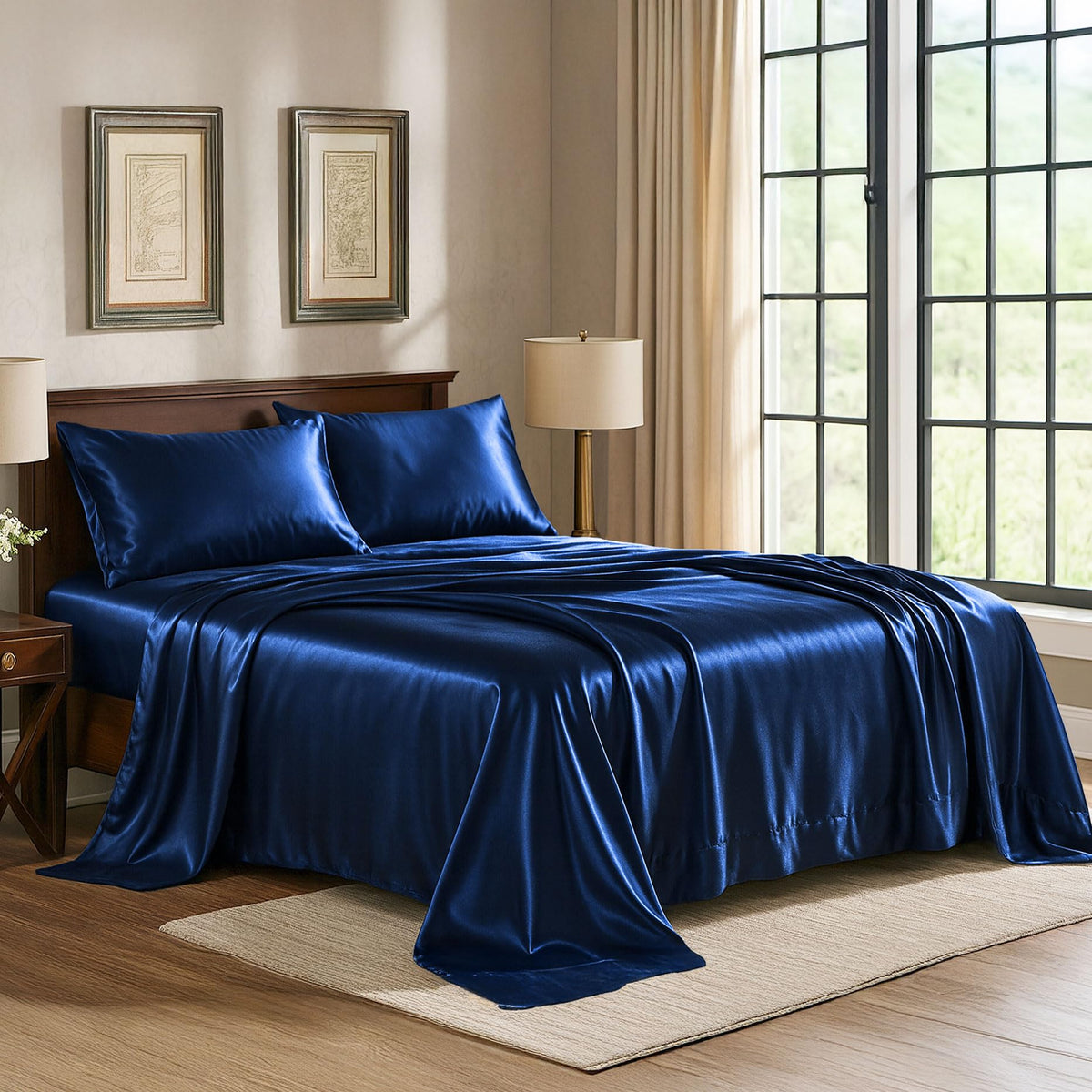 Pure Bedding queen satin set front view shows navy color and full contents for elegant bedding