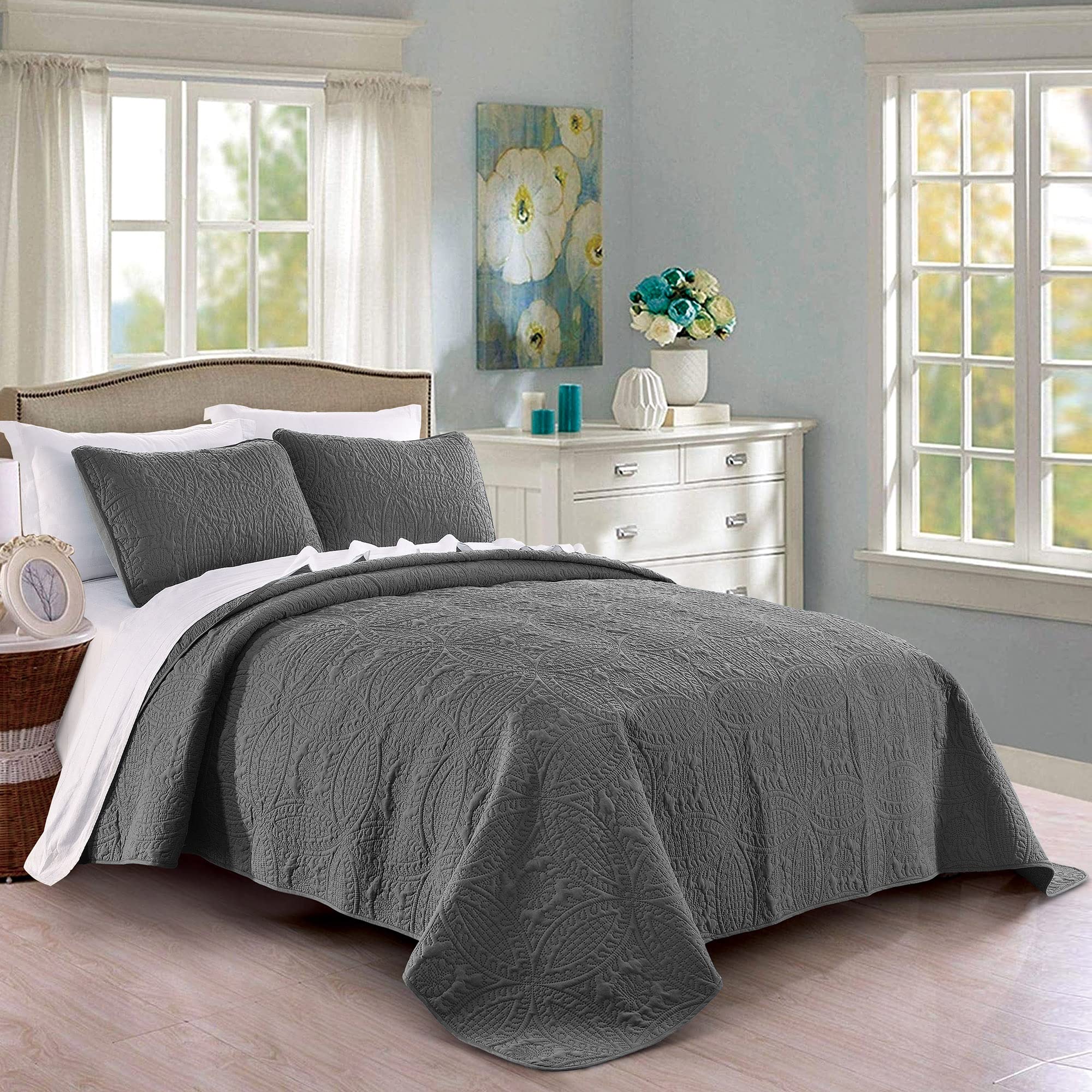 Pure Bedding front view of dark grey quilt showing clean modern look and easy styling