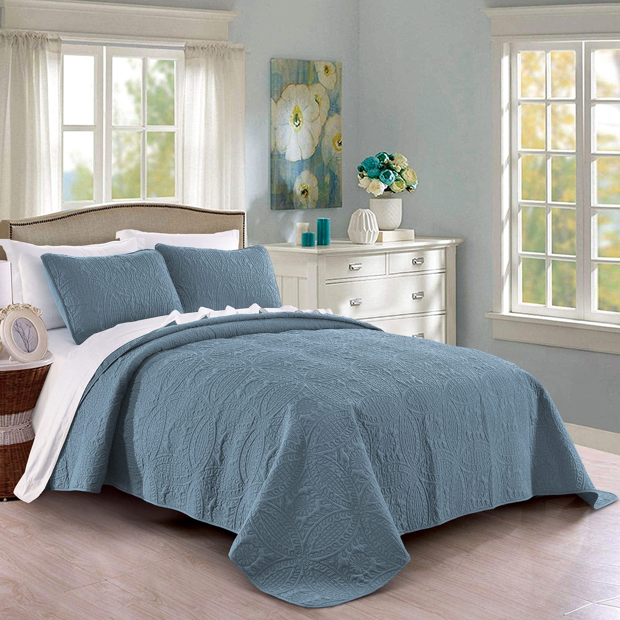 Pure Bedding front view ash blue quilt set shows neat geometric quilting and oversized drape for polished bedroom appeal