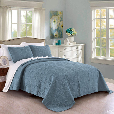 Pure Bedding front view ash blue quilt set shows neat geometric quilting and oversized drape for polished bedroom appeal