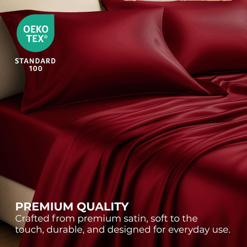 Pure Bedding satin fabric macro highlighting lustrous sheen and soft texture