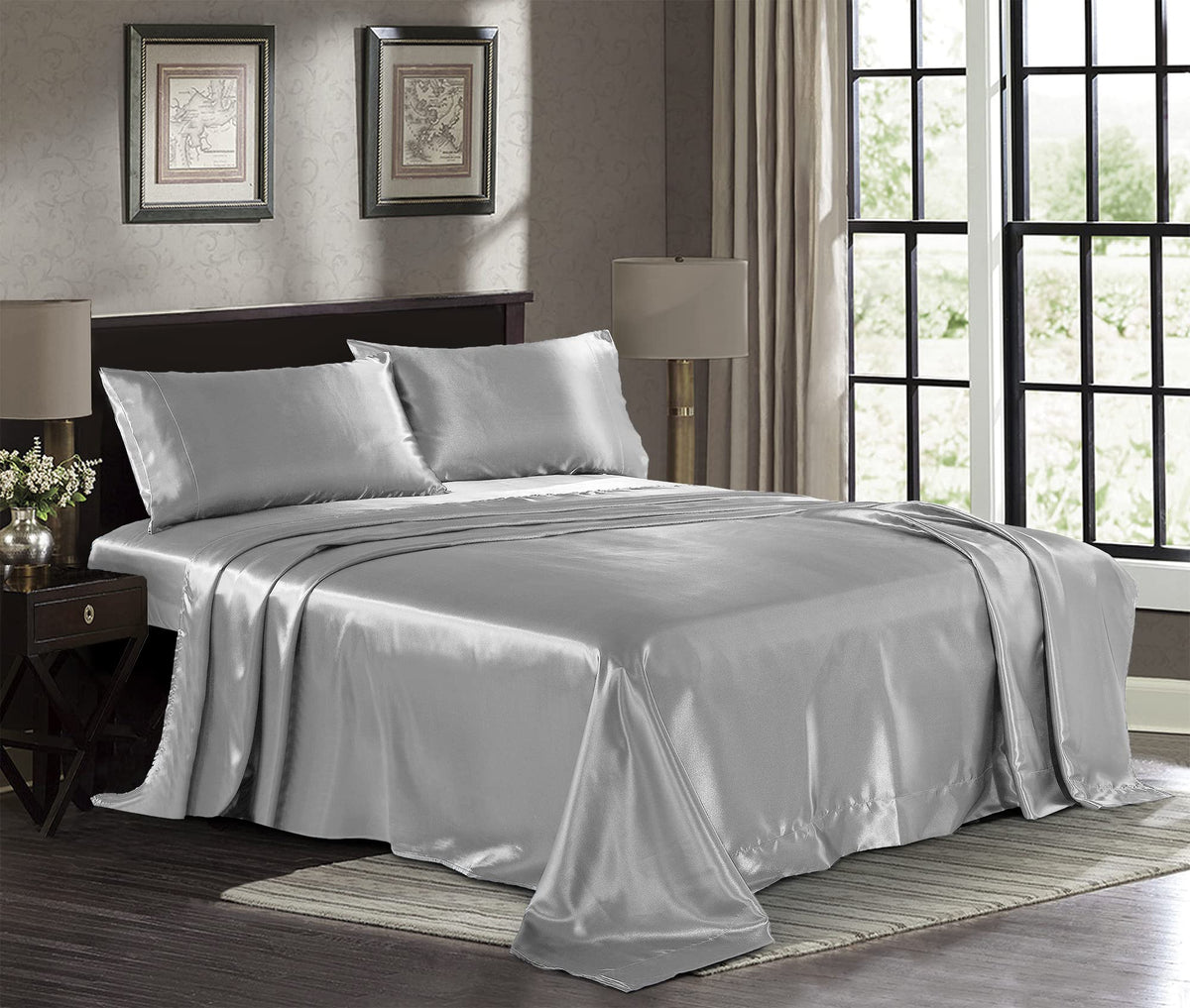 Pure Bedding satin queen front packaging showing color and set contents for easy identification