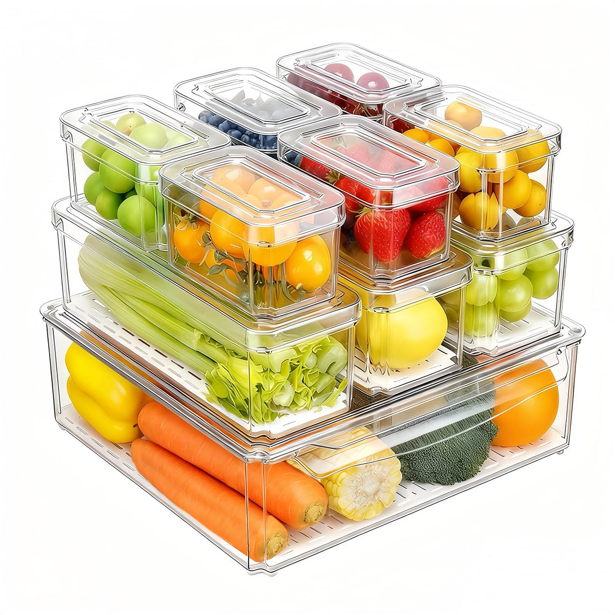 Pure Future front view of 10-pack clear organizer set showing stackable lids benefit