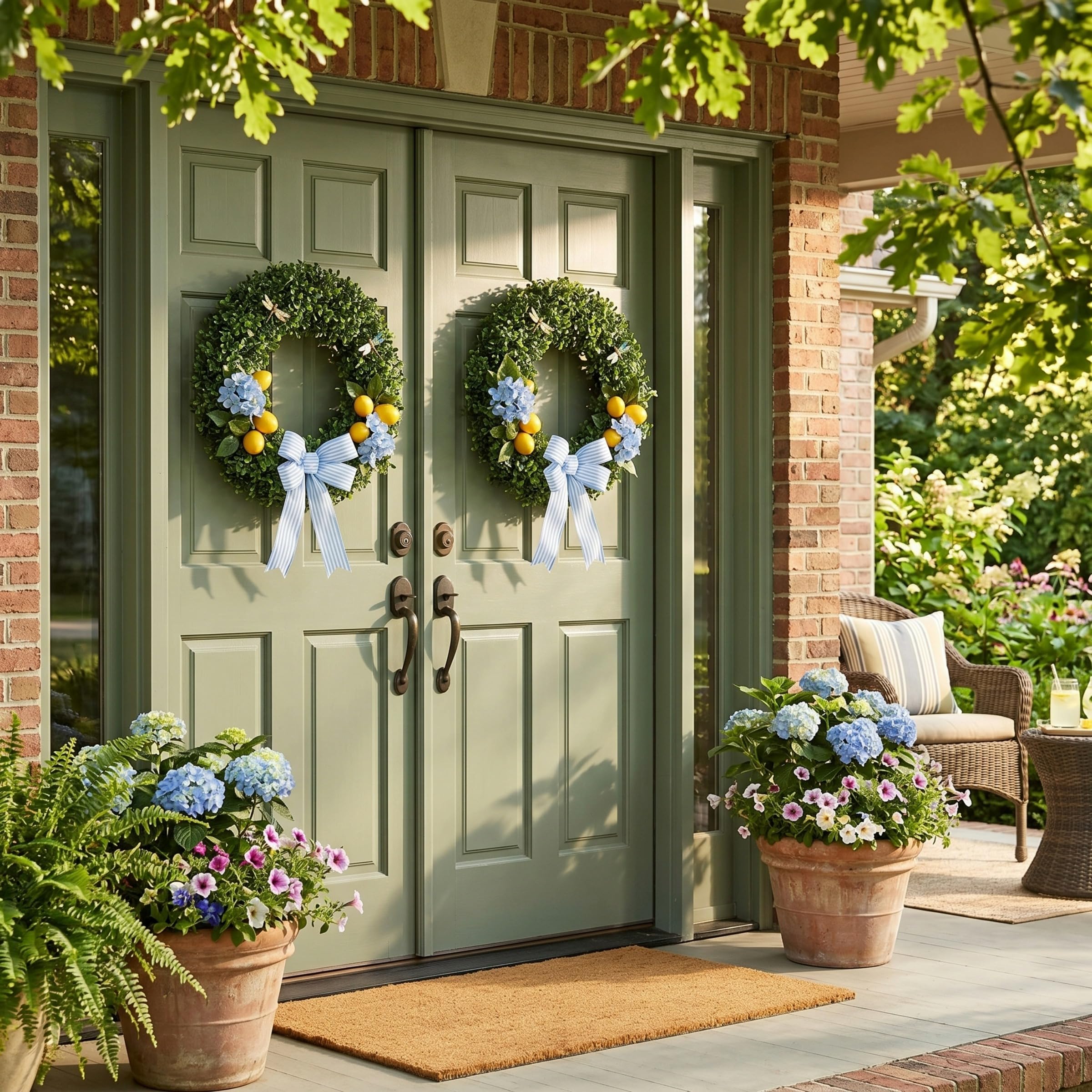 Pure Garden wreath on porch creating welcoming outdoor ambiance