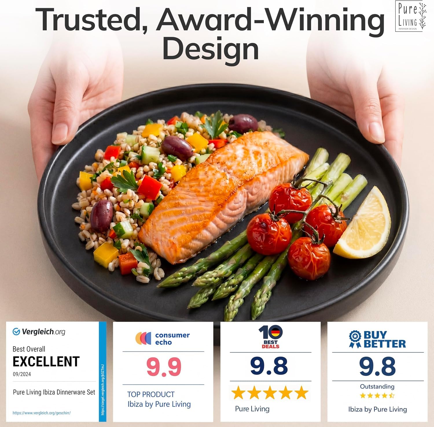 PURE LIVING INTERIOR DESIGN overhead of 10.6 inch dinner plate showing generous serving surface benefit