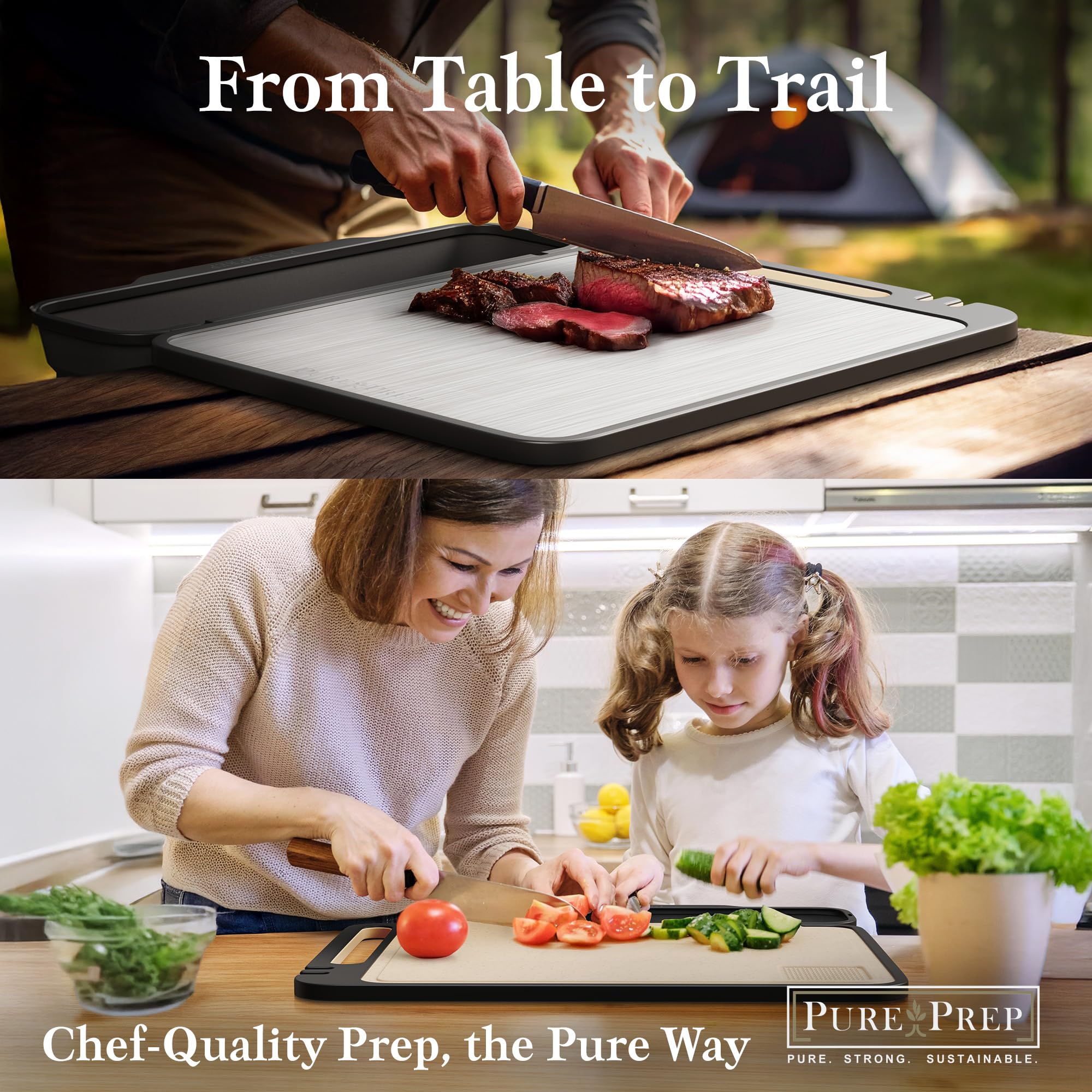 Pure Prep board in kitchen scene showing 16x11 scale and prep convenience