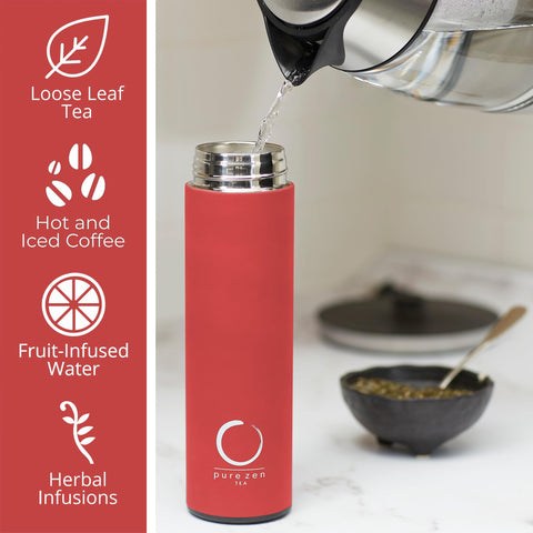 Pure Zen Tea bottle in hand demonstrating 15 oz size fits cup holders benefit