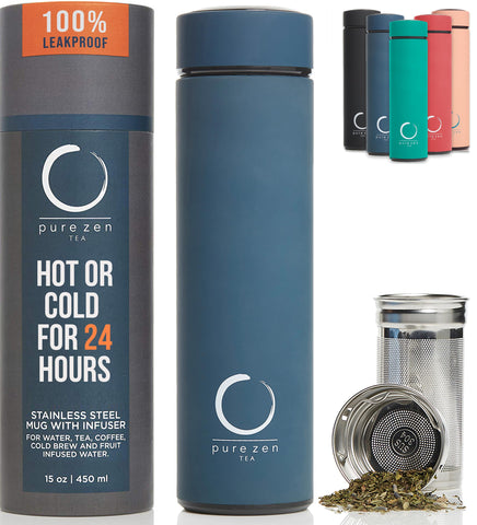 Pure Zen Tea bottle front view showing insulated thermos and brand benefit