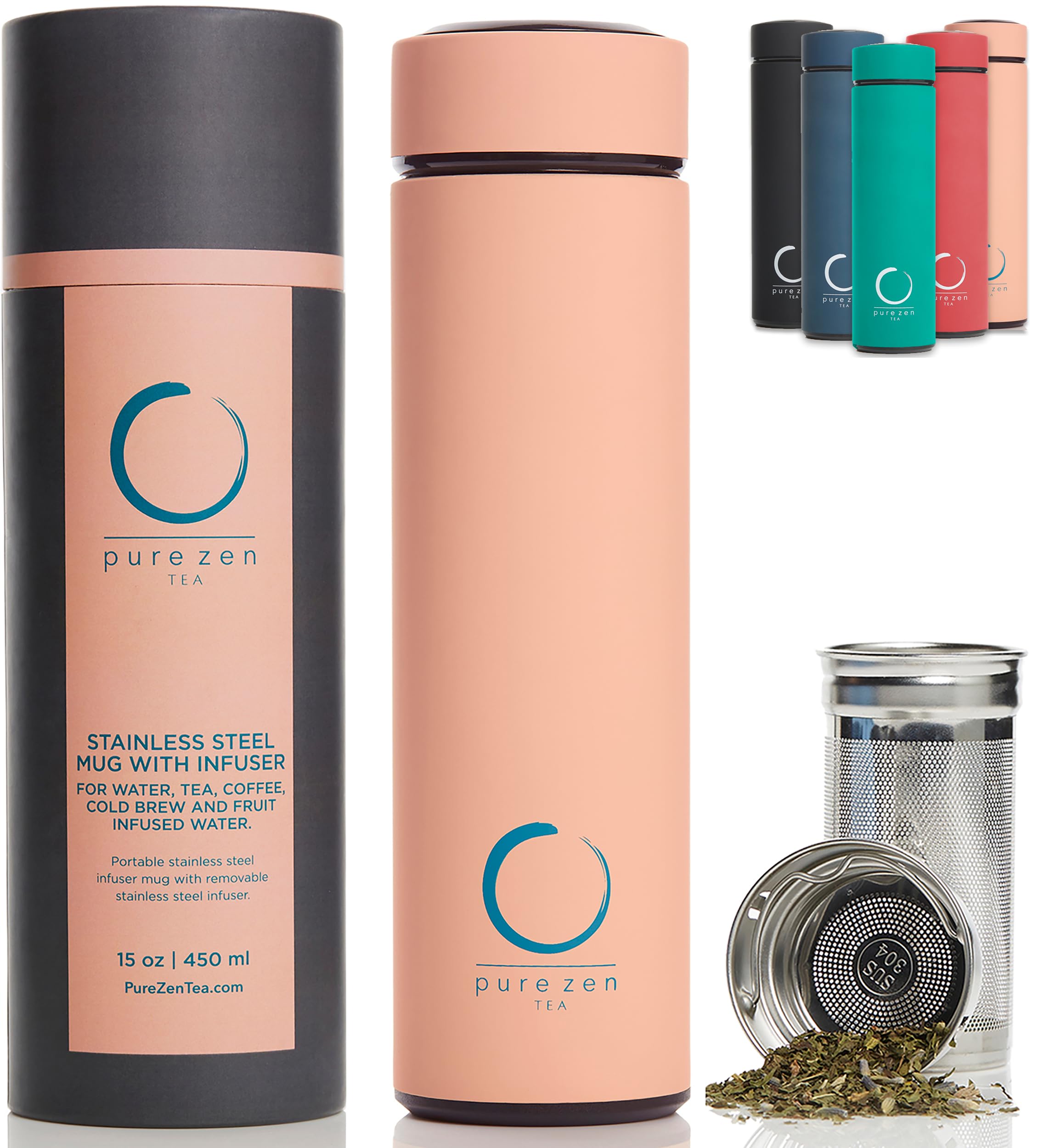 Pure Zen Tea front view thermos showing sleek stainless finish and capacity