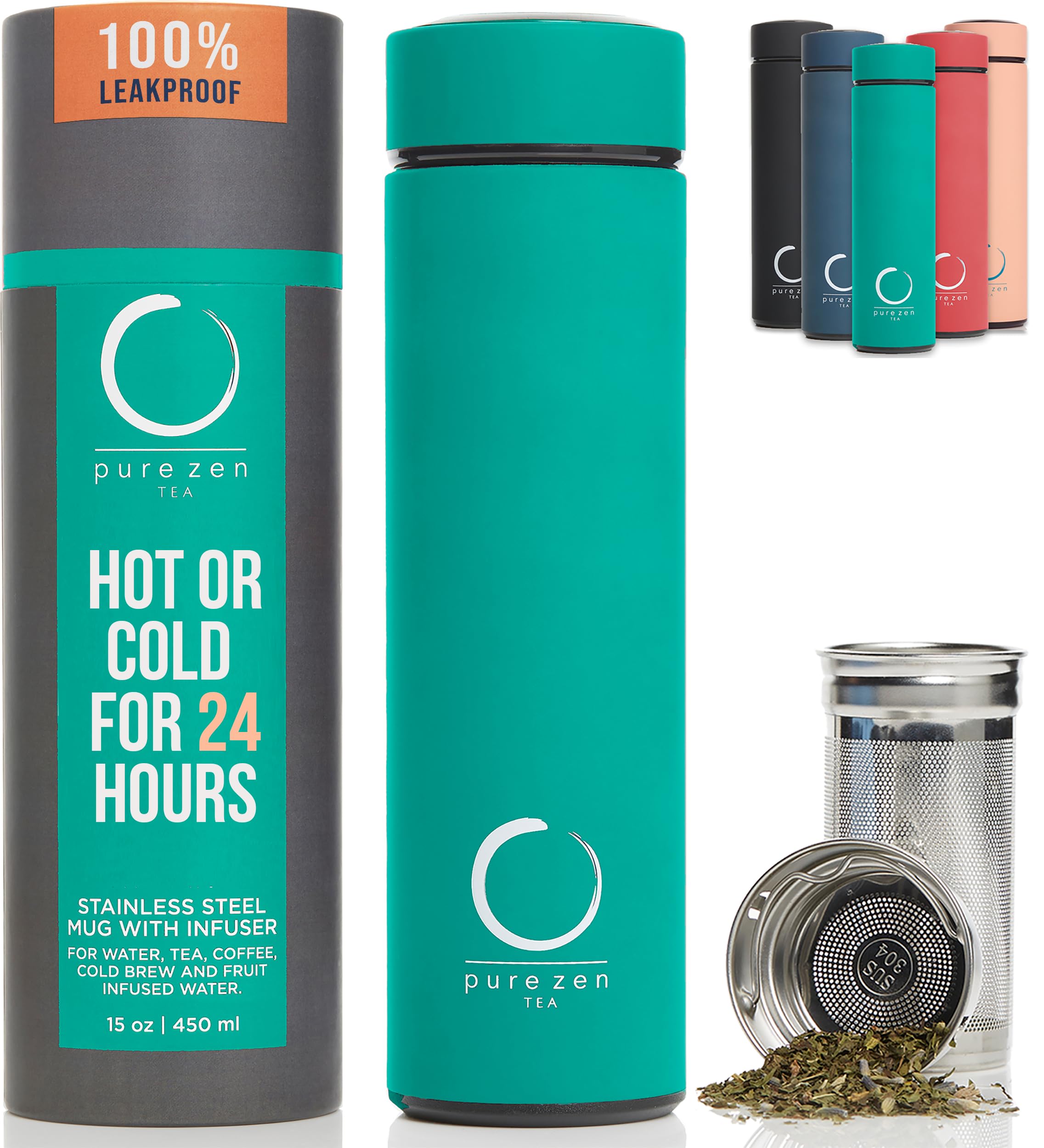 Pure Zen Tea front view of insulated tea infuser bottle showing sleek finish and capacity benefit