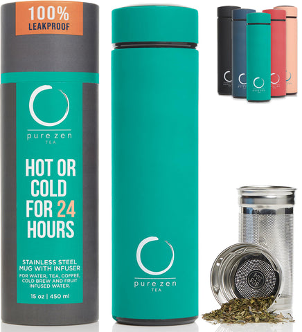 Pure Zen Tea front view of insulated tea infuser bottle showing sleek finish and capacity benefit