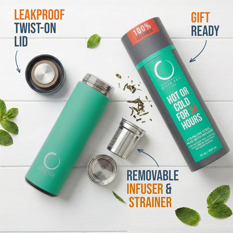 Pure Zen Tea lid detail with secure screw top illustrating leakproof convenience