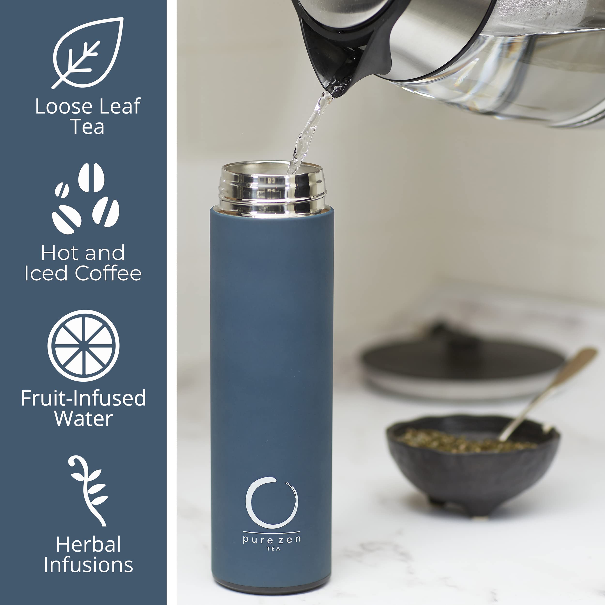 Pure Zen Tea 15 oz thermos next to a phone for clear size comparison