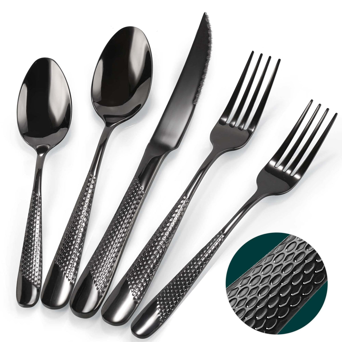 PUREAIN black flatware front packaging showing full 30-piece set and contents