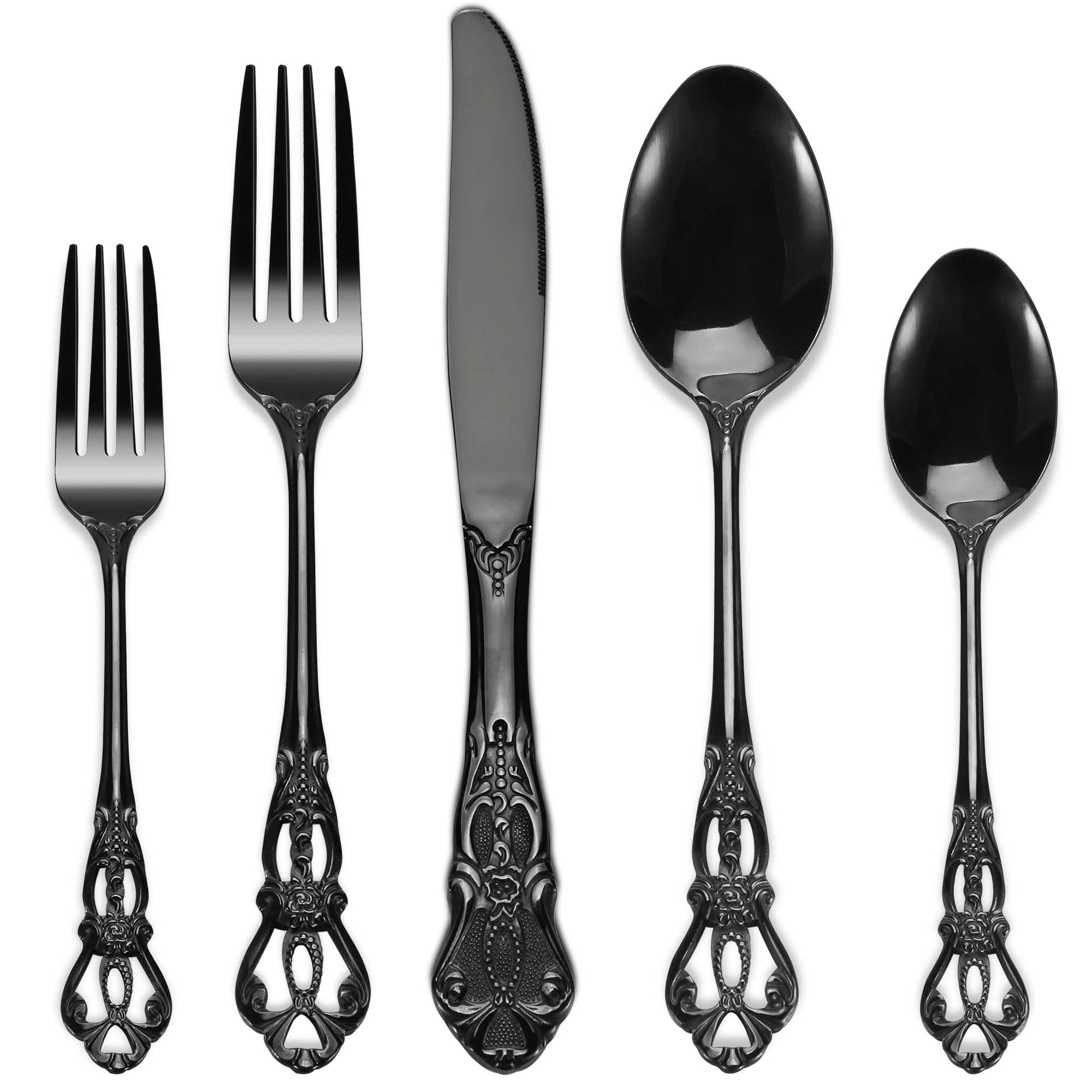 PUREAIN black silverware set front view showing complete 30-piece ensemble and elegant finish