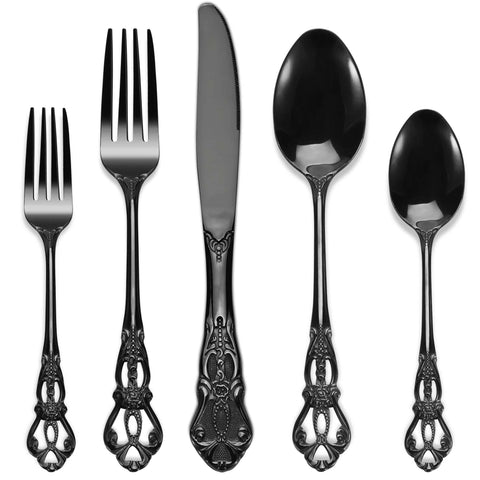 PUREAIN black silverware set front view showing complete 30-piece ensemble and elegant finish