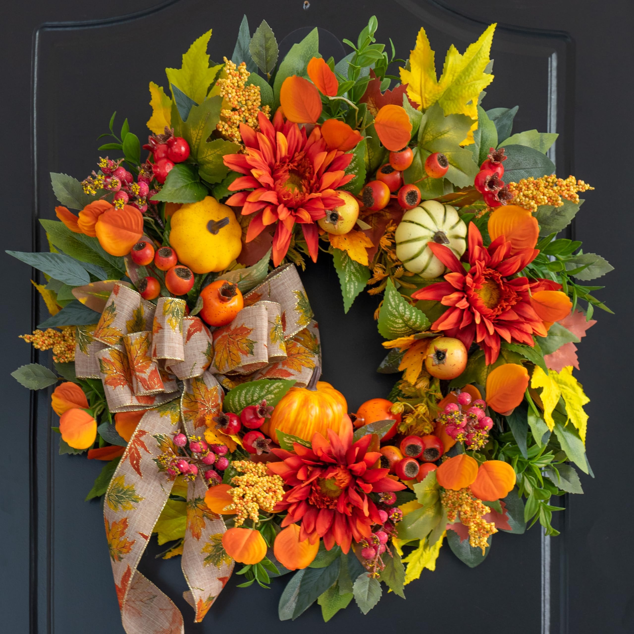 PureCosy front view wreath showing full autumn arrangement and curb appeal