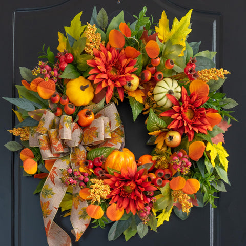 PureCosy front view wreath showing full autumn arrangement and curb appeal