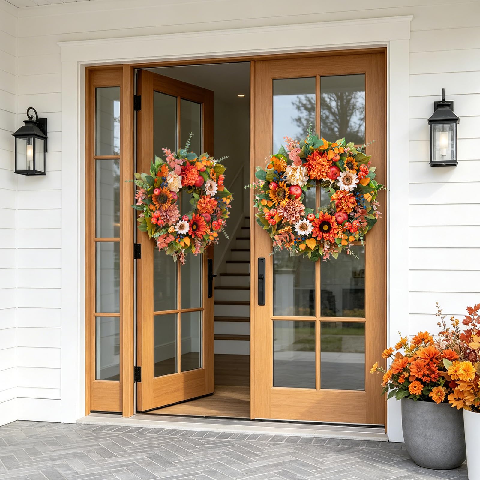 PureCosy wreath styled on a porch setting adding cozy autumn charm to entryway