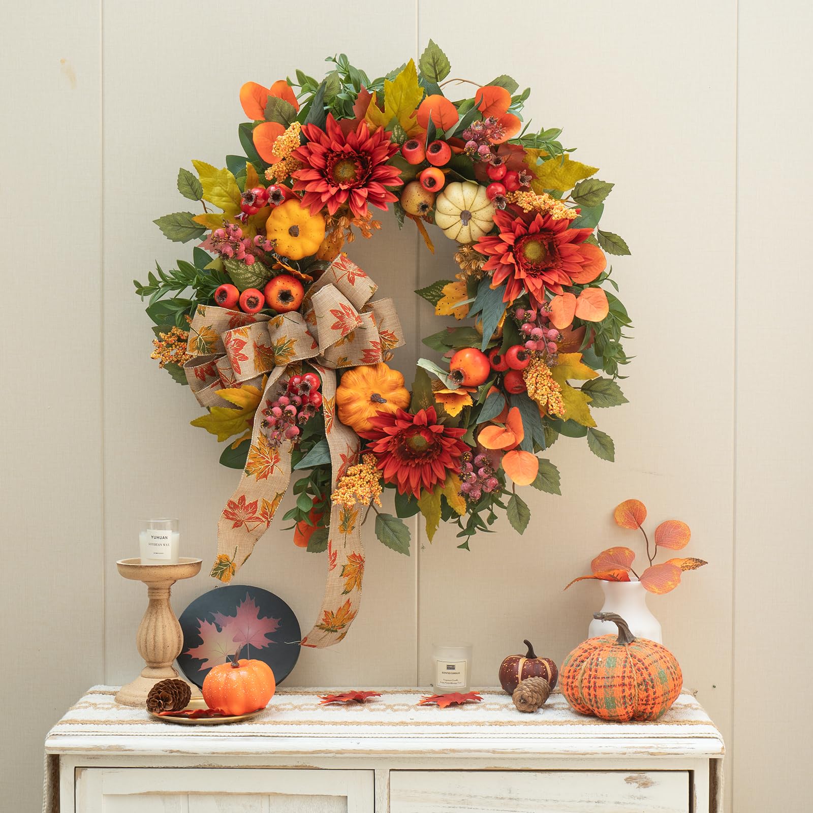 PureCosy wreath next to door showing 24-inch scale for correct fit
