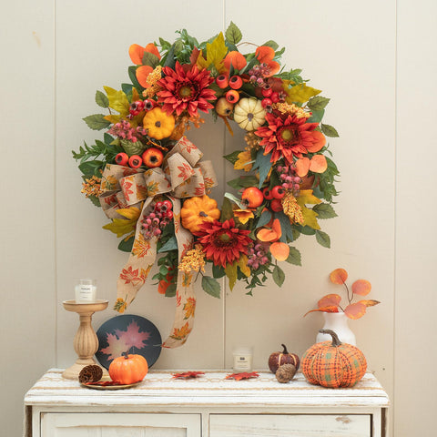 PureCosy wreath next to door showing 24-inch scale for correct fit
