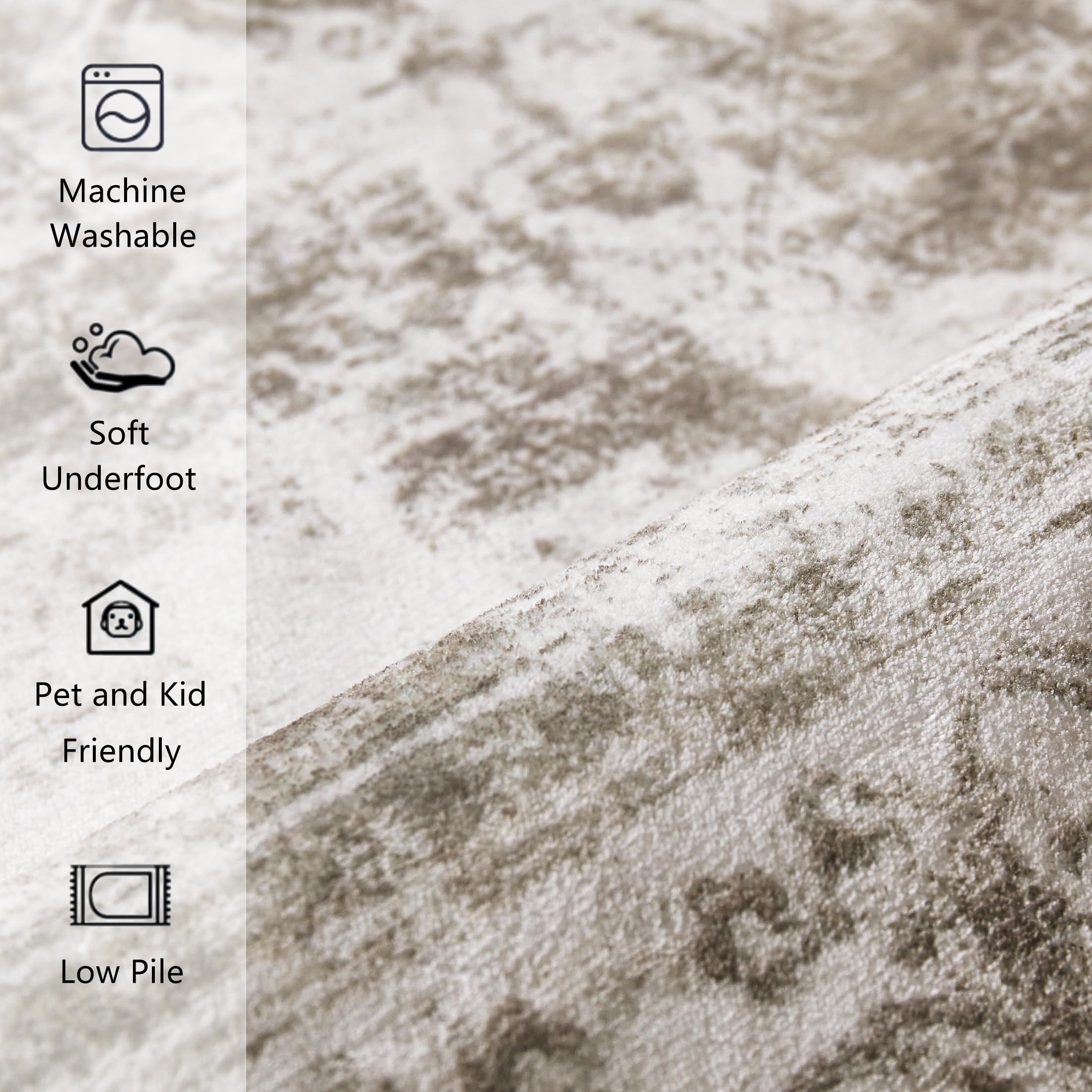 PureCozy folded rug showing care label and machine wash instructions for convenience