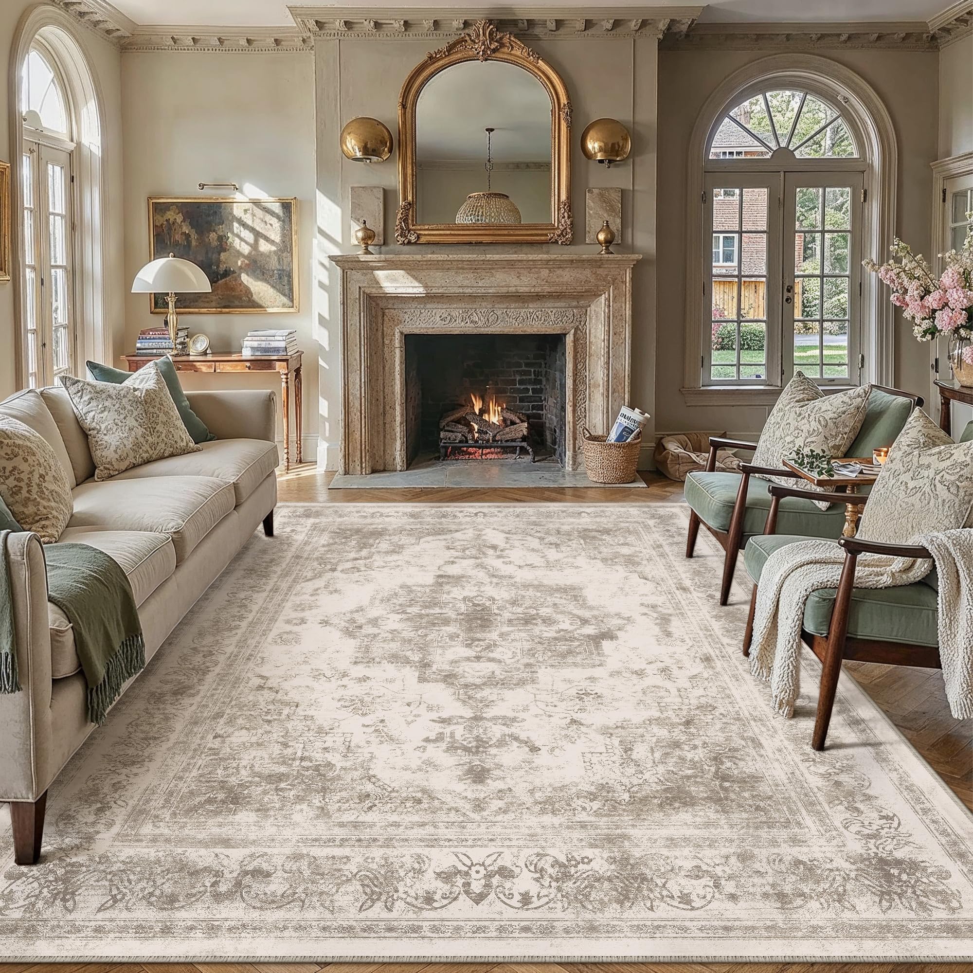 PureCozy front view of beige 8x10 rug shows vintage floral pattern and cozy appeal