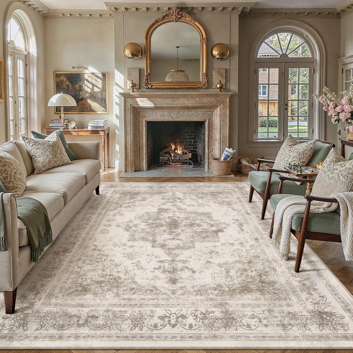 PureCozy front view of beige 8x10 rug shows vintage floral pattern and cozy appeal