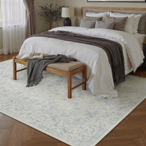 PureCozy rug staged in living room adds retro charm and comfortable floor space