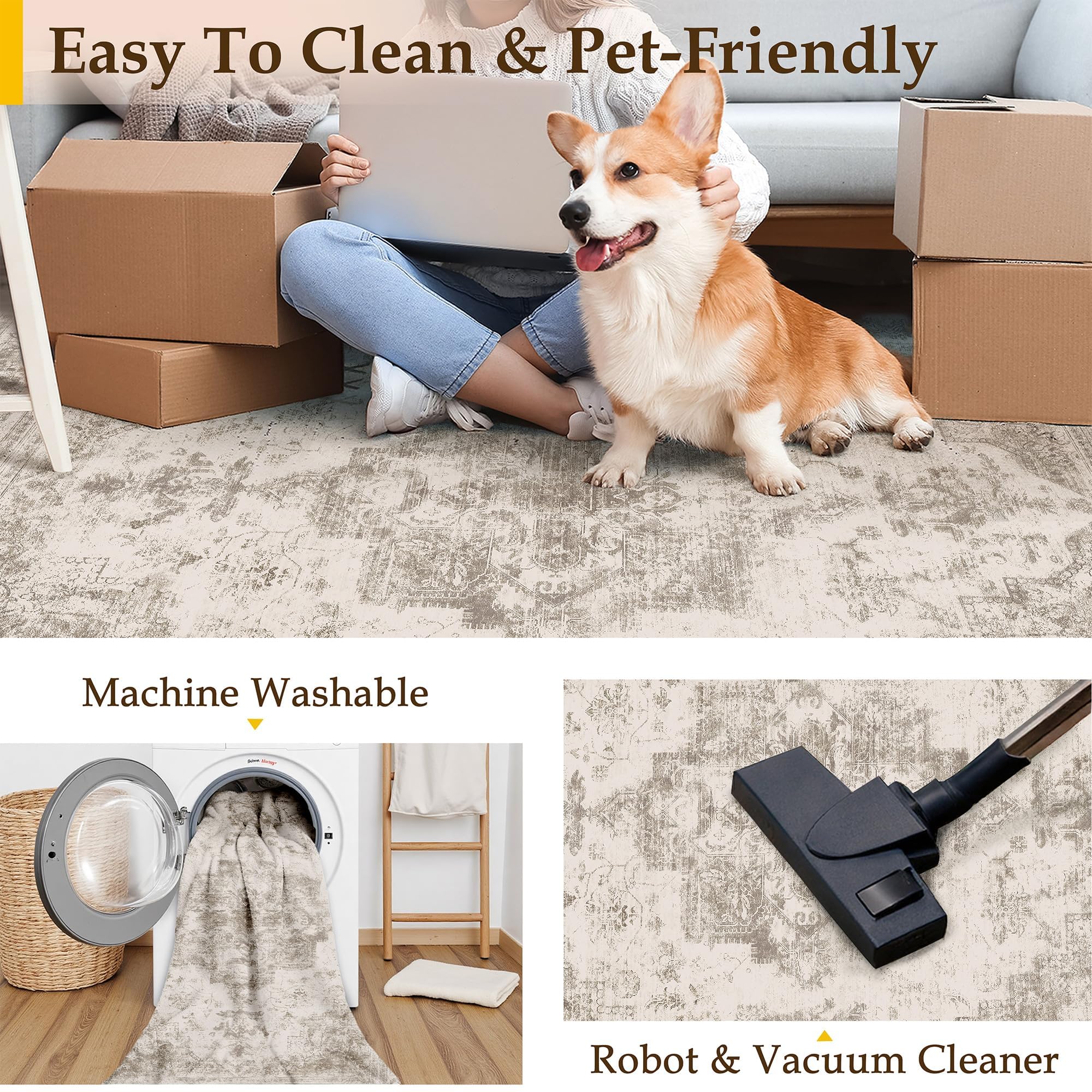 PureCozy rug under sofa shows low pile and furniture-friendly thin profile
