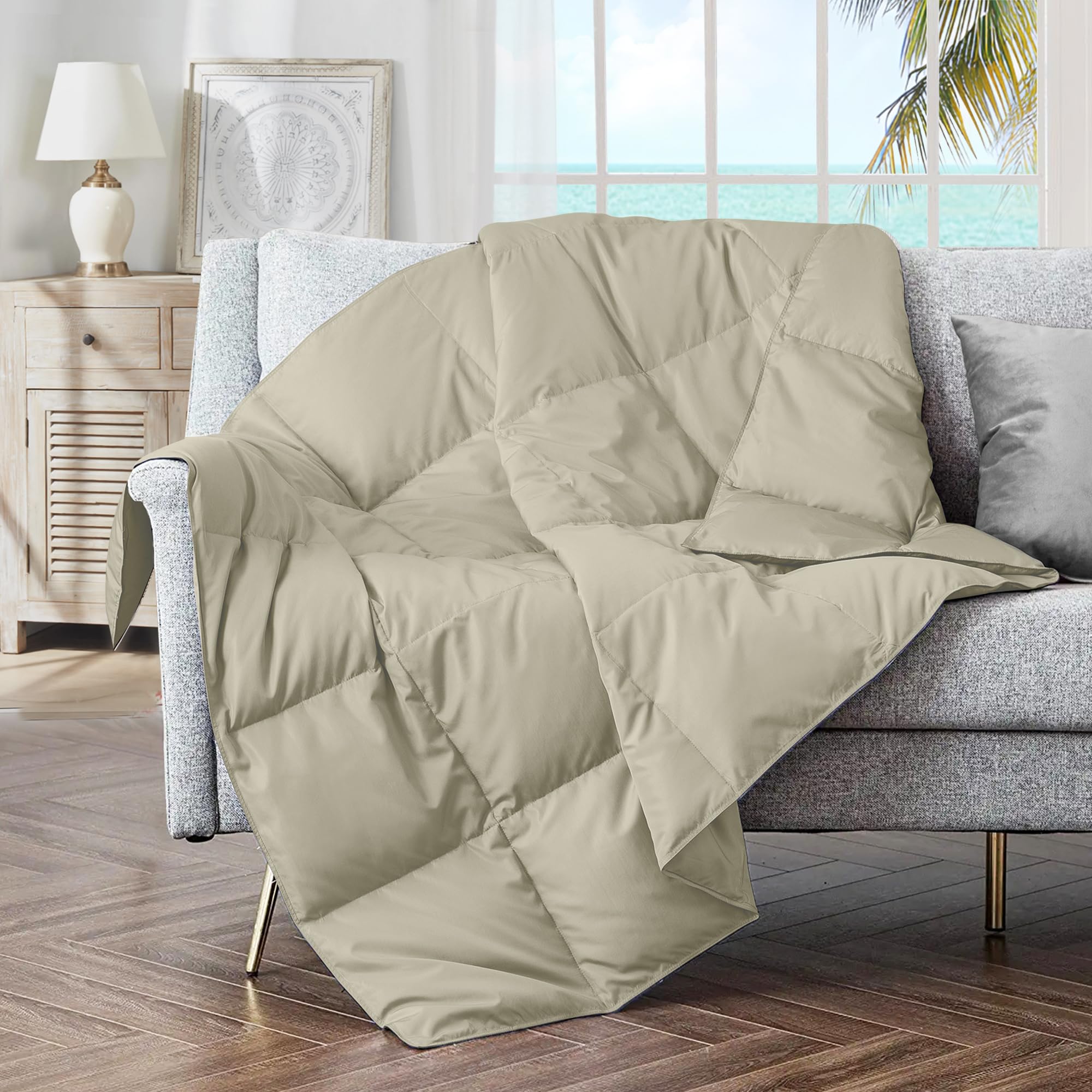 puredown front view of beige throw showing neat edges and neutral tone for versatile styling