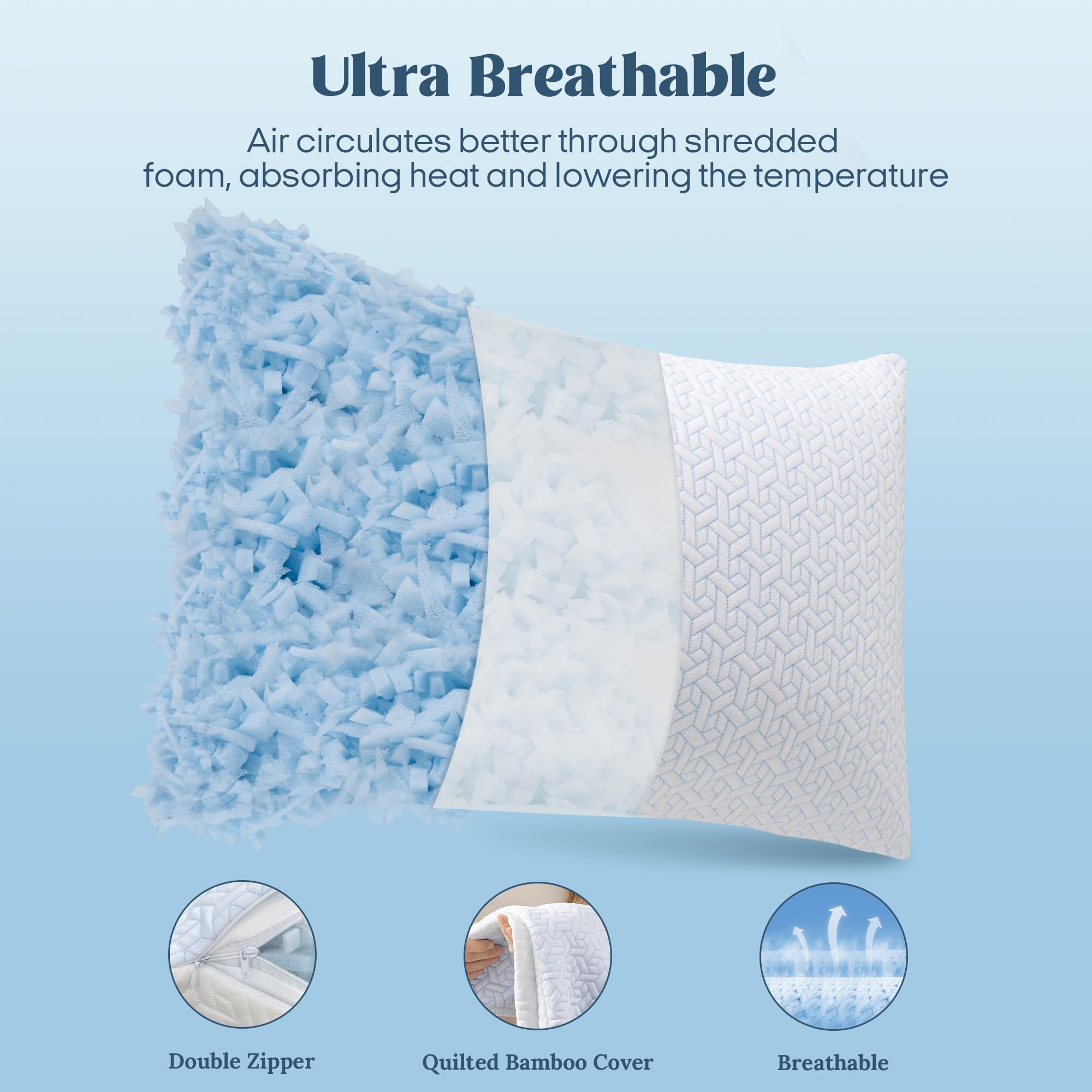 puredown pillows staged on bed showing cool-side and comfort benefits