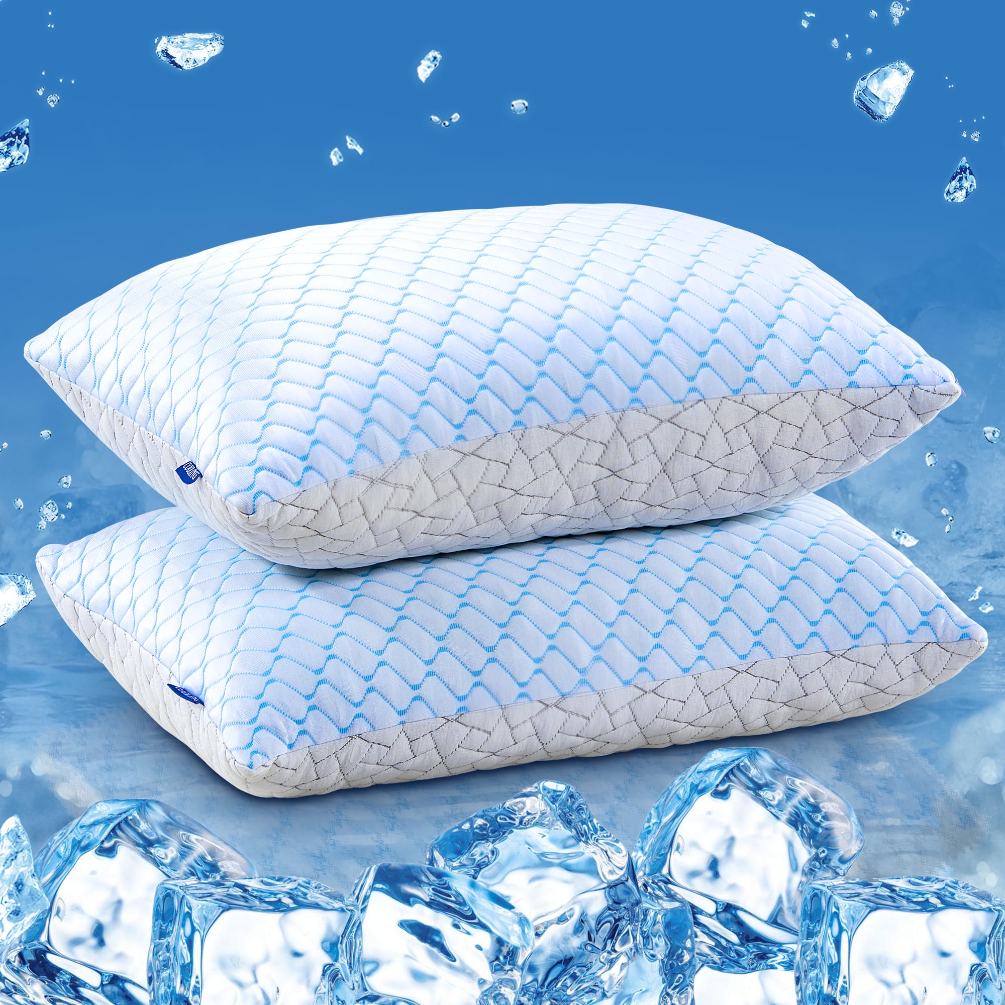 puredown queen pillow front packaging showing set of two and benefits
