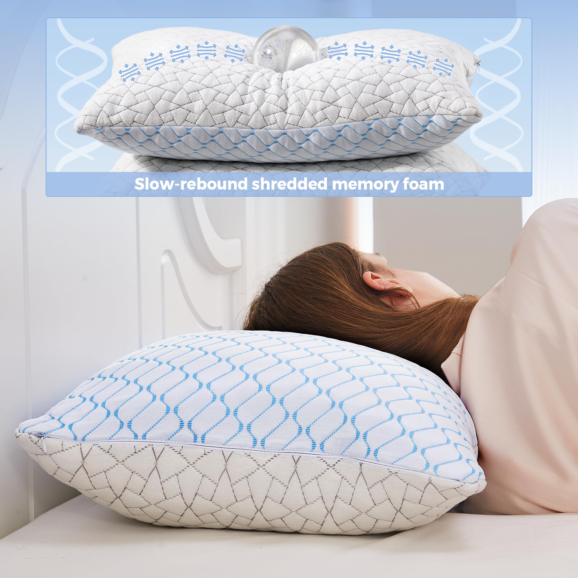 puredown queen pillows on bed showing scale and sleep setup benefit