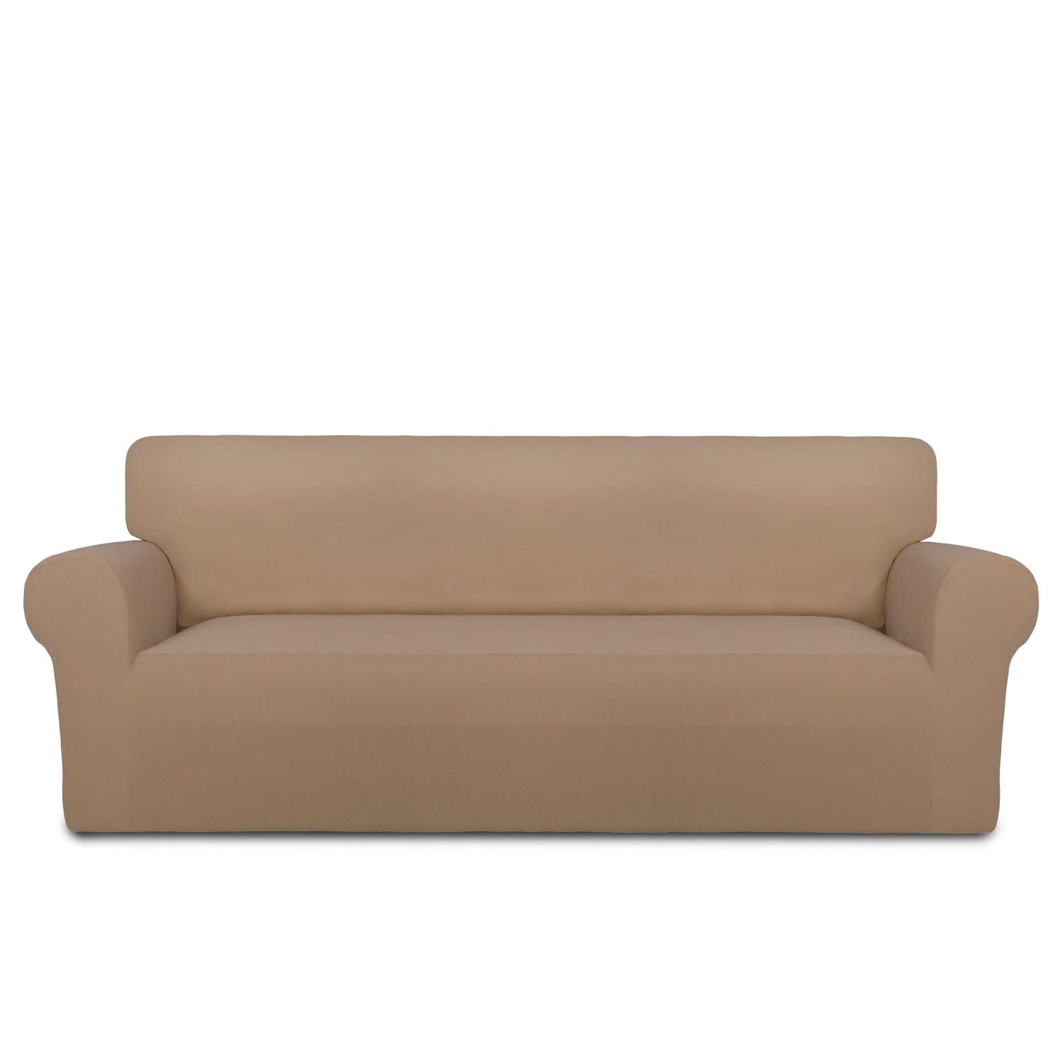PureFit front view on large sofa showing clean camel finish and instant refresh benefit
